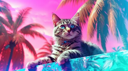 Striking portrait of striped tabby cat in the urban streets of Bel-air, Los Angeles. Vaporwave blue and pink coloring, hot summer day, palm trees, relaxed vibe, captivating portrait - generative AI