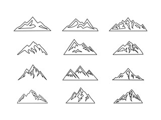 mountain set vector icon, mountain line art icon set isolated on white background