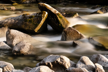 Torrente di montagna in luce diurna fotografato con esposizione lunga, effetto mosso dell'acqua che scorre velocemente