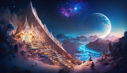 Fototapeta na wymiar Esoteric euphoric late night alien world utopian mountain. Fantasy alien world planet.