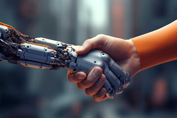 Man hand shaking robot hand. Generative AI