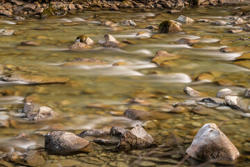 Torrente di montagna in luce diurna fotografato con esposizione lunga, effetto mosso dell'acqua che scorre velocemente