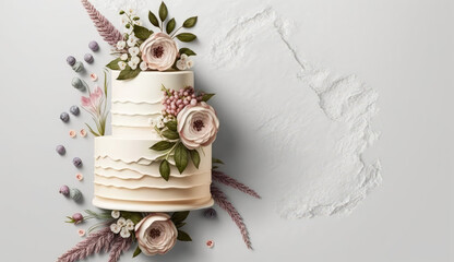 Romantic Confectionery. Indulge in the sweetness of a floral-themed wedding cake, carefully crafted as a centerpiece, against an empty background with copy space. Cake concept AI Generative