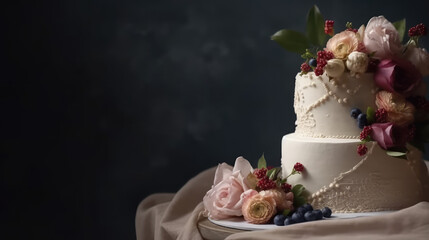Obraz na płótnie Canvas Romantic Confectionery. Indulge in the sweetness of a floral-themed wedding cake, carefully crafted as a centerpiece, against an empty background with copy space. Cake concept AI Generative