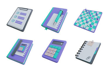 3d render collection of business or school items including a calculator pen notebook chess board clipboard - obrazy, fototapety, plakaty