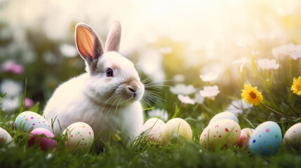 Fototapeta premium Easter white bunny and eggs on a meadow