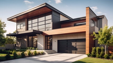 This stunning stock photo showcases a beautifully crafted modern house design featuring a bold and sophisticated facade with a warm color palette and exquisite attention to detail. - obrazy, fototapety, plakaty