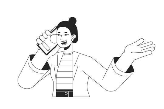 Girl sharing good news via phone call bw vector spot illustration. Lady with cellphone 2D cartoon flat line monochromatic character on white for web UI design. Editable isolated outline hero image