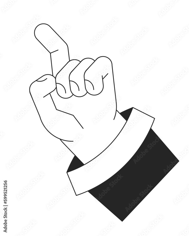 Poster raised up hand with index finger ready to touch bw vector spot illustration. 2d cartoon flat line mo