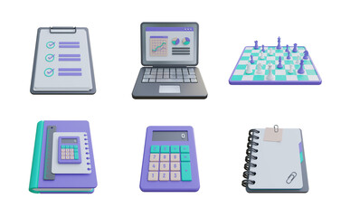 3d render collection of business or school items including a calculator pen notebook chess board clipboard - obrazy, fototapety, plakaty