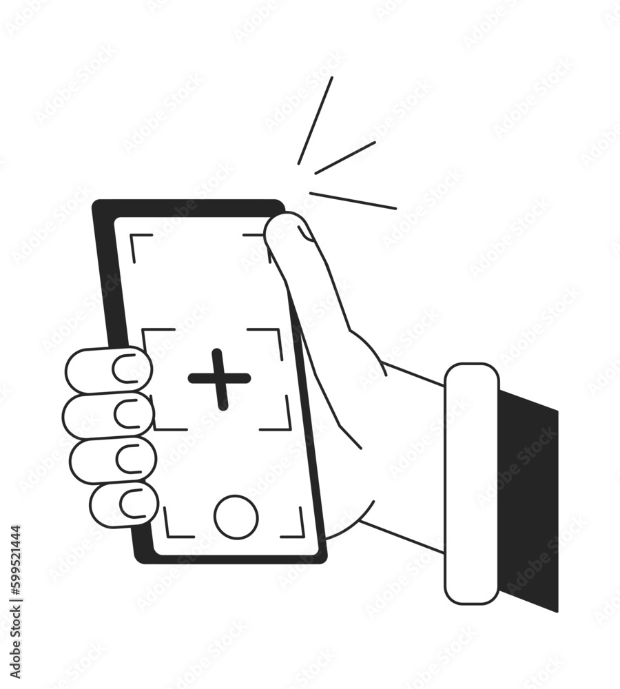 Poster taking selfie with smart phone camera bw vector spot illustration. auto focus 2d cartoon flat line m