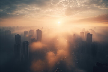 Aerial View of Futuristic Cityscape in Foggy Morning with High Skyscraper Building