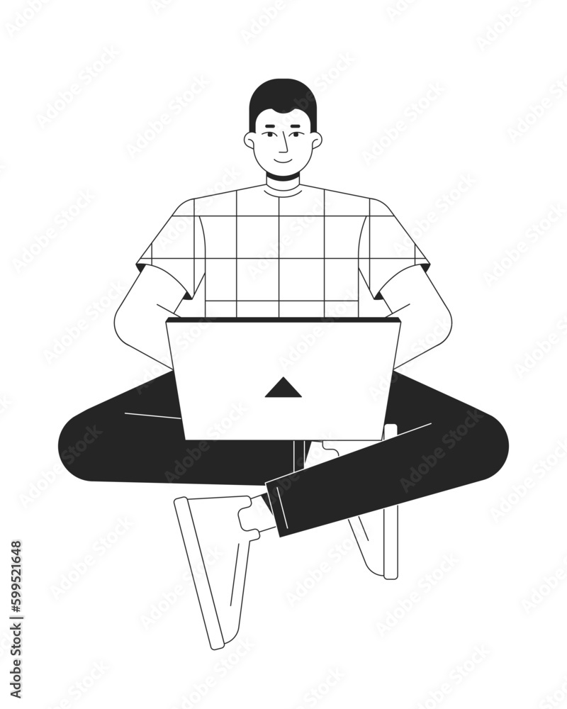 Poster computer specialist working on laptop bw vector spot illustration. man with notebook 2d cartoon flat
