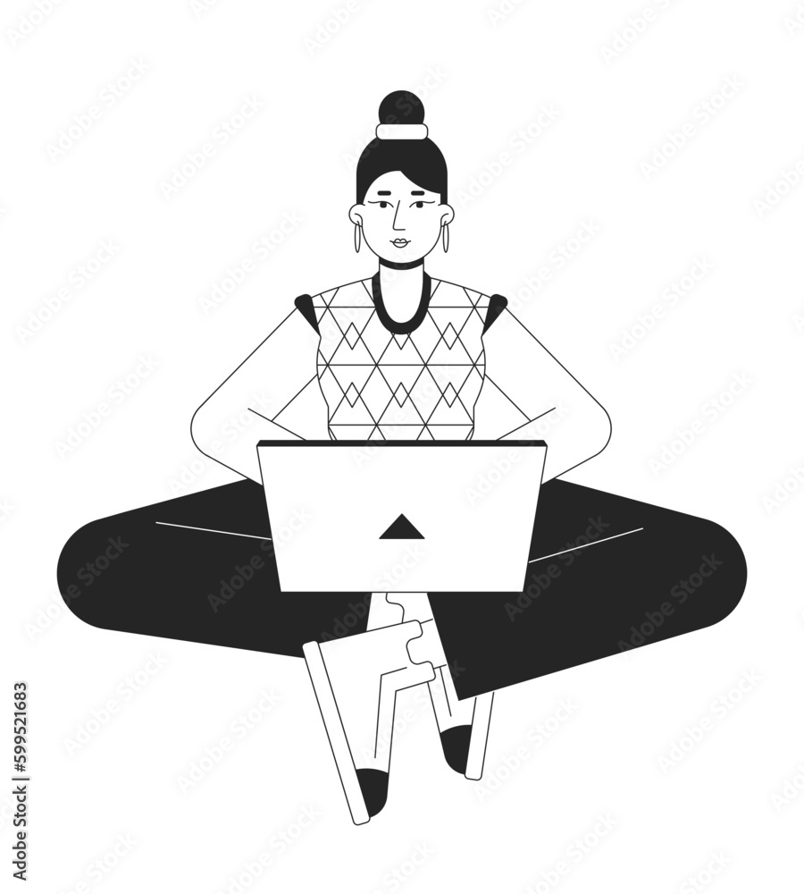 Aufkleber girl blogger typing on laptop bw vector spot illustration. writer sitting with notebook 2d cartoon f