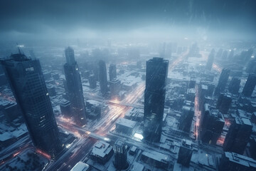 Fototapeta na wymiar Aerial View of Modern City with Skyscraper Buildings and Highway Roads in Snowy Winter