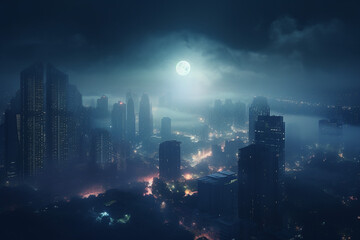 Fototapeta na wymiar Beautiful Cityscape in Foggy Night with Advance Technology Skyscraper Building under the Full Moon