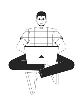 Computer specialist working on laptop bw vector spot illustration. Man with notebook 2D cartoon flat line monochromatic character on white for web UI design. Editable isolated outline hero image