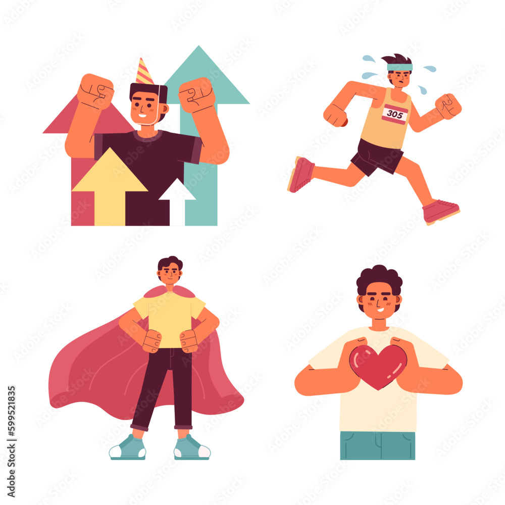 Aufkleber personal development flat concept vector spot illustration set. building self growth 2d cartoon char