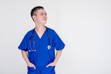 Portrait of a young and skilled medical student, nurse, intern posing with both hands inside...