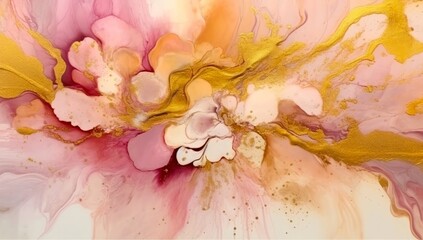 Abstract beige art with gold pink background brown, beautiful smudges stains with alcohol ink gold pigments.Cream fluid art texture resembling petals, watercolor or aquarelle generative ai variation 7