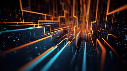 Modern digital abstract 3D background. Can be used in the description of network abilities, technological processes, digital storages, science, education, etc. Copy space. Based on Generative AI