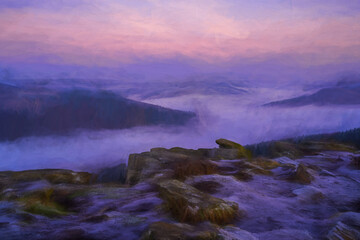 Fototapeta premium Digital oil painting of a Bamford Edge sunrise cloud inversion in the Peak District, UK.