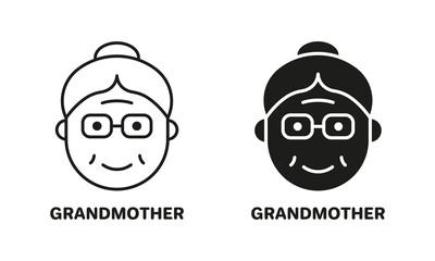 Old Woman, Senior Person Silhouette and Line Icon Black Set. Happy Elder Lady Pictogram. Old Grandmother Symbol Collection on White Background. Retirement Concept. Isolated Vector Illustration