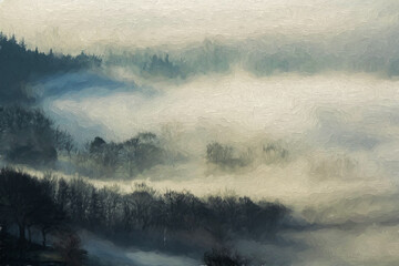 A Bamford Edge digital oil painting of trees and mist in the Peak District, UK.