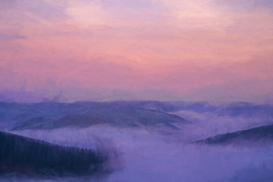 Digital oil painting of a Bamford Edge sunrise cloud inversion in the Peak District, UK.
