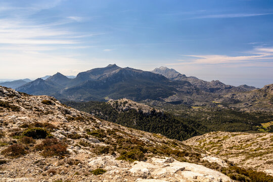 Blick vom Puig Tomir auf die Gipfel Puig Major und Puig de Massanella, Mallorca, Balearen, Spanien