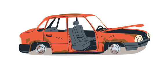 Rusted broken car junk. Abandoned damages ruined rusted auto. Rotting rusty automobile debris, garbage. Aged derelict obsolete vehicle, transport. Flat vector illustration isolated on white background