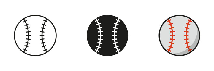 Fototapeta na wymiar Baseball Ball Silhouette and Line Icon Set. Ball for Play Sports Game Solid and Outline Black and Color Symbol Collection on White Background. Isolated Vector Illustration
