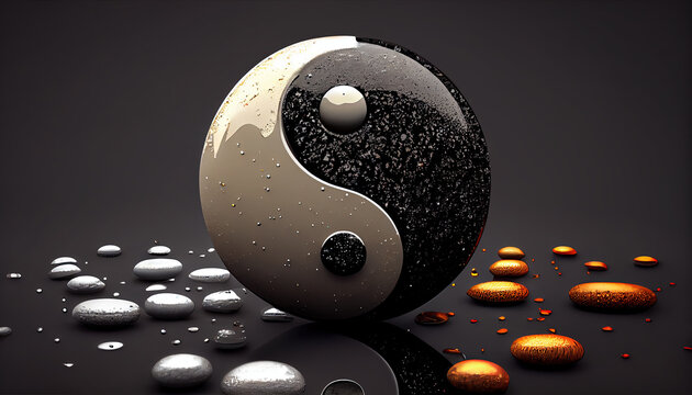 Yin and Yang Symbol in 3D on Dark Background AI Generative