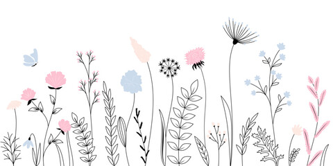 Wildflowers, herbs, flowers, plants and butterflies flyng. Outline Style Full Vector illustration.