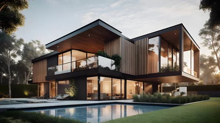 Foto op Aluminium This stunning stock image showcases a beautifully designed house featuring a sleek and stylish exterior with clean lines and a contemporary feel, perfectly integrated with the surrounding landscape. © CanvasPixelDreams