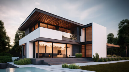 Fototapeta na wymiar This stunning stock image showcases a beautifully designed house featuring a sleek and stylish exterior with clean lines and a contemporary feel, perfectly integrated with the surrounding landscape.