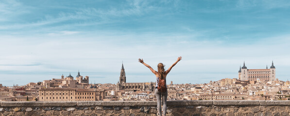 Tour tourism in Toledo panoramic city view- Spain - obrazy, fototapety, plakaty