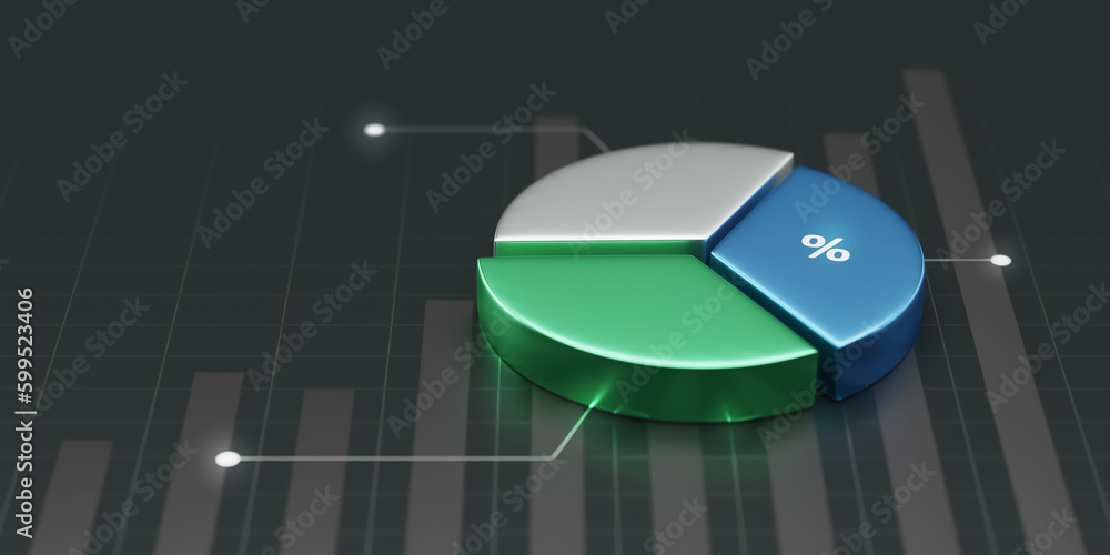 Poster business pie chart presentation diagram on three section circular graph 3d background with round per