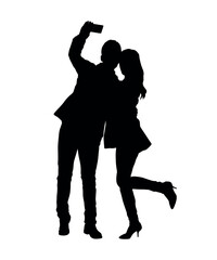 Silhouettes of couple man and woman taking selfie on white background vector.