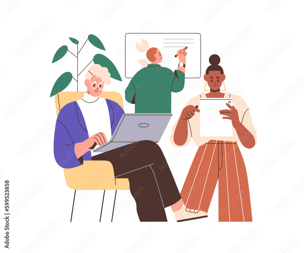 Poster Business team work process. Teamwork, company workers concept. Colleagues doing different tasks for common project. Workers group working. Flat graphic vector illustration isolated on white background