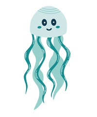 Jellyfish. Cute Cartoon jellyfish. Ocean kawaii animal, underwater life. Simple minimal modern sticker for children clothes design, banner, card. Cute kid's cartoon vector illustration