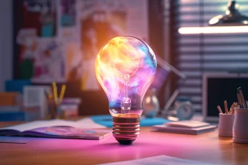 Foto op Plexiglas Creative colorful light bulb glows with pink and blue light in the office workplace. Think differently, creative idea © alones