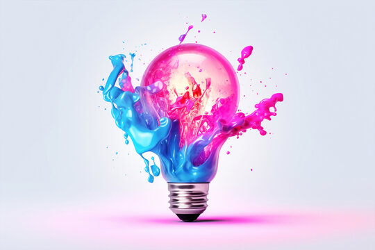 Creative light bulb explodes with pink and blue color splash paint on a white background. Creation of a creative idea, concept