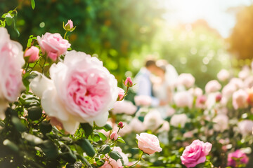 Obraz premium Bride and groom at their wedding at the blooming garden, focus on flowers. Generative AI