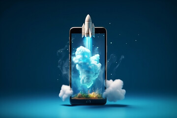 Rocket takes off with clouds from a smartphone on a blue background, a creative idea. Faster mobile device. Strap growth. Online business development, concept