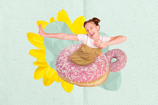 Photo cartoon comics sketch collage picture of funky carefree small lady dancing inside big donut isolated creative background