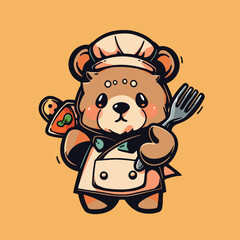 A cute cartoon bear is cooking in a kitchen.