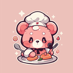 A cute cartoon character of a cute bear chef holding pancakes.