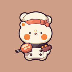 A cute cartoon bear with a hat and a bow is holding a pastry.