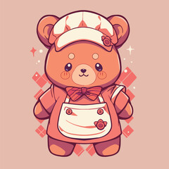 A cute cartoon bear is cooking in a kitchen.